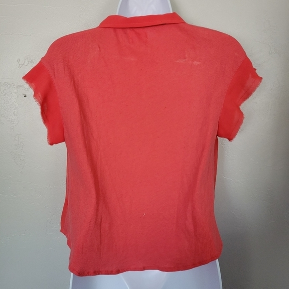 Pins and Needles Small Coral Red Short Sleeve Blouse Linen Blend Chiffon Ruffle - Picture 5 of 8